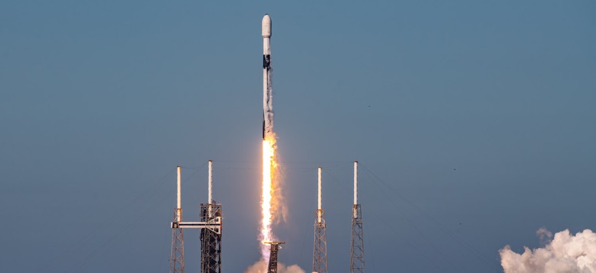 A Falcon 9 rocket carrying a telecommunications satellite launches from Space Launch Complex 40 at Cape Canaveral Space Force Station, Florida, Feb. 20, 2024.