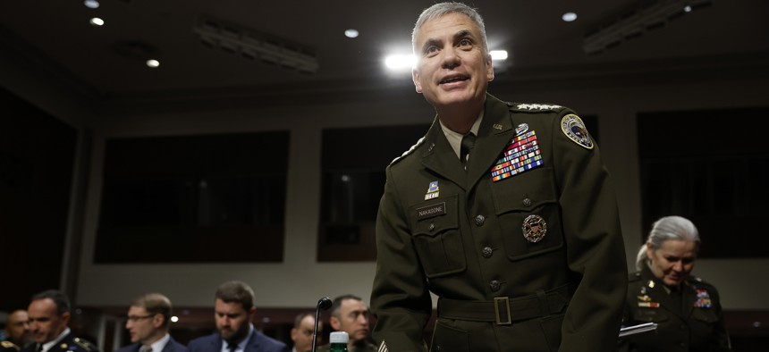 WASHINGTON, DC - MARCH 07: Gen. Paul Nakasone, commander of U.S. Cyber Command and director of the National Security Agency arrives to testify before the Senate Armed Services Committee in the Dirksen Senate Office Building on Capitol Hill. Nakasone has since retired. 