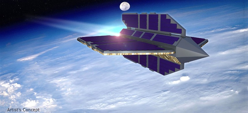 An artist's rendering of an air-breathing electric propulsion satellite as envisioned in the DARPA Otter program.