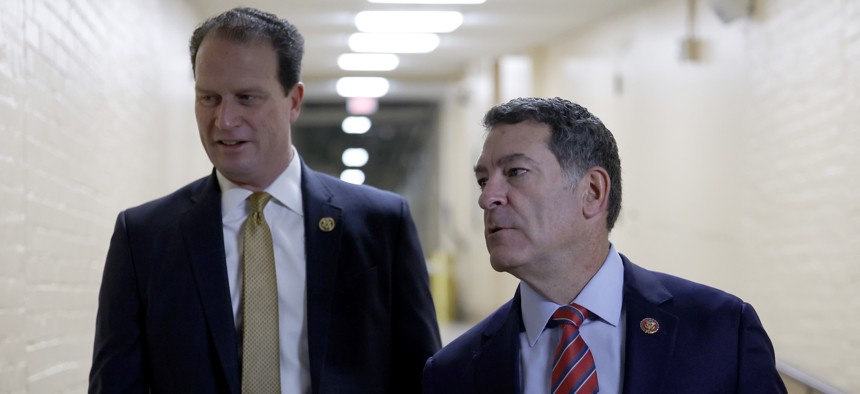 Rep. August Pfluger, R-Texas, (left) and House Homeland Security Committee Chairman Mark Green, R-Tenn., (right) arrive at the U.S. Capitol on February 06, 2024. The duo sent a letter to National Security Advisor Jake Sullivan requesting a briefing on Havana syndrome. 