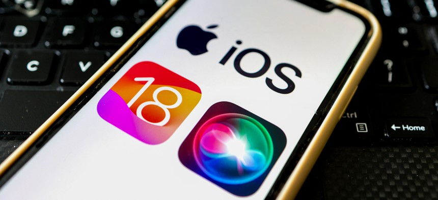 In this photo illustration, the Apple iOS 18 and Siri AI assistant logo seen displayed on an Apple iPhone.