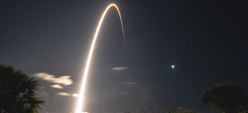 A Falcon 9 rocket carrying satellites launches from Space Launch Complex 40 at Cape Canaveral Space Force Station, Fla., Aug. 28, 2024.