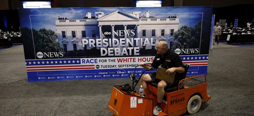 Final preparations are made in the spin room ahead of the ABC News Presidential Debate on Sept. 9 in Philadelphia. 
