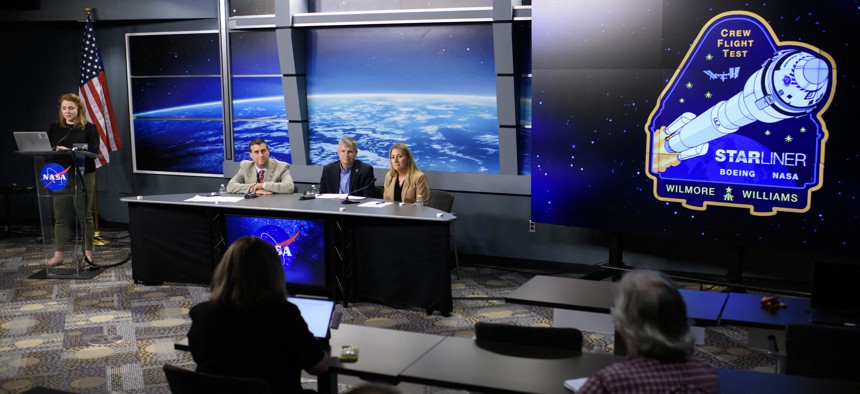 (L-R) Joel Montalbano, NASA deputy associate administrator, Steve Stich, Commercial Crew Program Manager, and Dana Weigel, International Space Station manager, answer questions during a Boeing Starliner post-landing news conference at the Johnson Space Center in Houston, Texas on September 7, 2024.