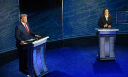 Vice President and Democratic presidential candidate Kamala Harris and former president and Republican presidential candidate Donald Trump attend a presidential debate at the National Constitution Center in Philadelphia.