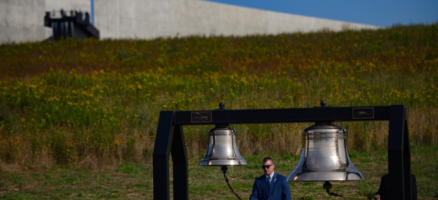 The bells ring the names of the victims at the 20th Anniversary remembrance of the Sept. 11 terrorist attacks at the Flight 93 National Memorial on Sept. 11, 2021 in Shanksville, Pennsylvania. 