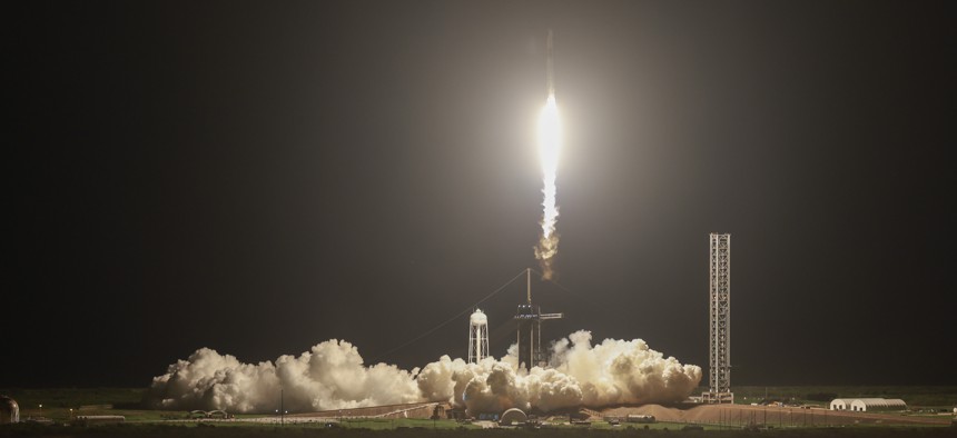 CAPE CANAVERAL, FLORIDA - SEPTEMBER 10: SpaceX's Polaris Dawn Falcon 9 rocket blasts off from Launch Complex 39A of NASA's Kennedy Space Center on September 10, 2024 in Cape Canaveral, Florida. The Polaris Dawn mission is a private spaceflight backed by Jared Isaacman, the billionaire founder of payments platform company Shift4. During the mission, the astronauts will attempt the first spacewalk by a private company