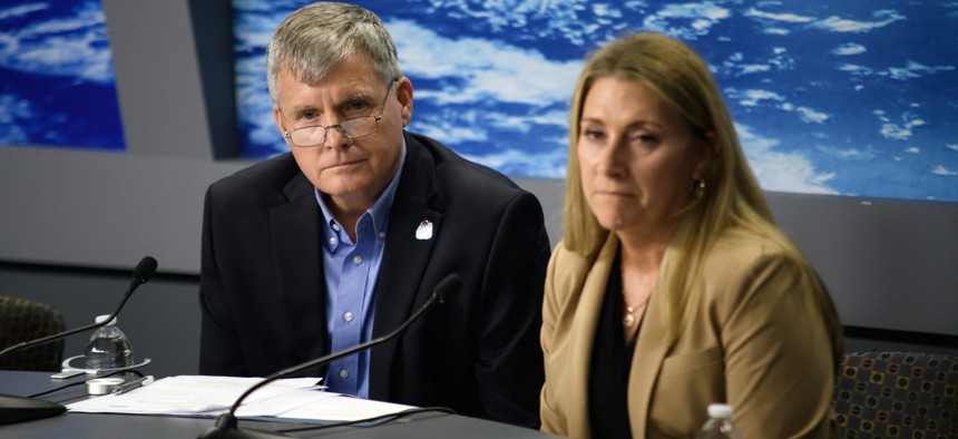 (L-R) Steve Stich, Commercial Crew Program Manager, and Dana Weigel, International Space Station manager, answer questions during a Boeing Starliner post-landing news conference at the Johnson Space Center in Houston, Texas on September 7, 2024. Boeing's beleaguered Starliner returned to Earth empty September 7, 2024 after NASA deemed it too risky to bring home the astronauts who rode the spaceship up to the International Space Station