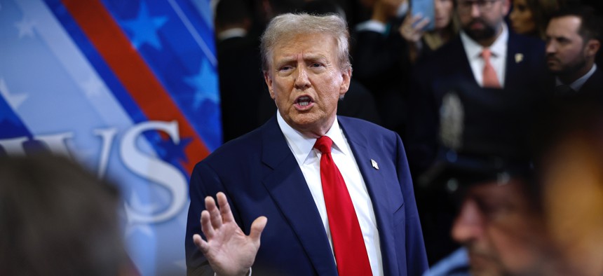 Republican presidential nominee, former President Donald Trump talks to journalists in the spin room after he debated Democratic presidential nominee, U.S. Vice President Kamala Harris at The National Constitution Center on Sept. 10, 2024 in Philadelphia, Pennsylvania. 