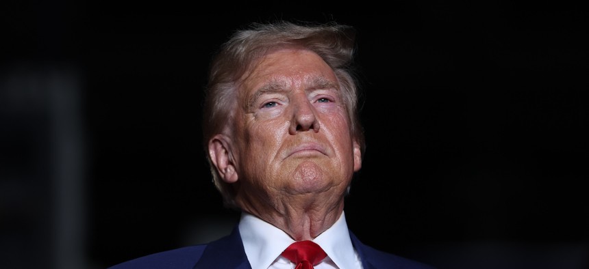 Republican presidential nominee, former President Donald Trump, looks on during a campaign rally in Las Vegas on Sept. 13. 