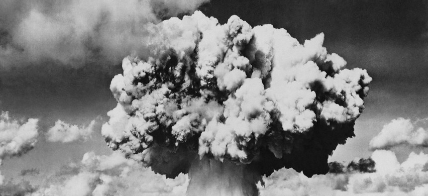 A nuclear bomb explodes in the Baker Day Test at Bikini Island on July 25, 1946.