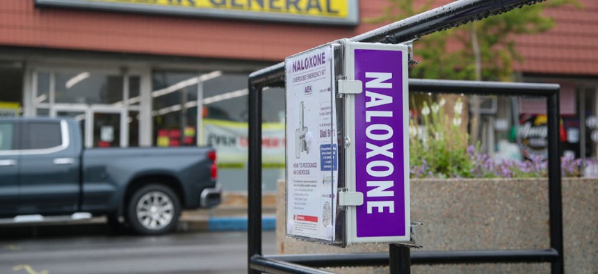 A box containing Naloxone overdose emergency kits was installed at Canal Park in Danville, Pennsylvania, on Aug. 24, 2023. 