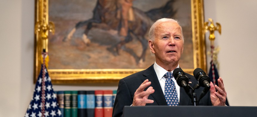 President Joe Biden delivers remarks on the ongoing response to the aftermath of Hurricane Helene in the Roosevelt Room of the White House on Sept. 30.