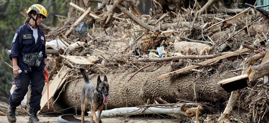 A member of the FEMA Urban Search and Rescue Task Force searches a flood-damaged property with a search canine in the aftermath of Hurricane Helene along the Swannanoa River on October 4, in Asheville, North Carolina. 