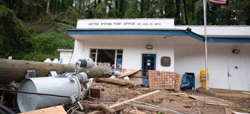 Flood damage at a post office in the aftermath of Hurricane Helene on October 1, 2024 in Bat Cave, North Carolina. 