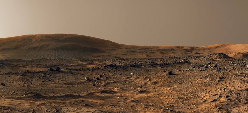 Late-afternoon view of Husband Hill within Gusev Crater on Mars. Mosaic composite photograph. Spirit Rover 