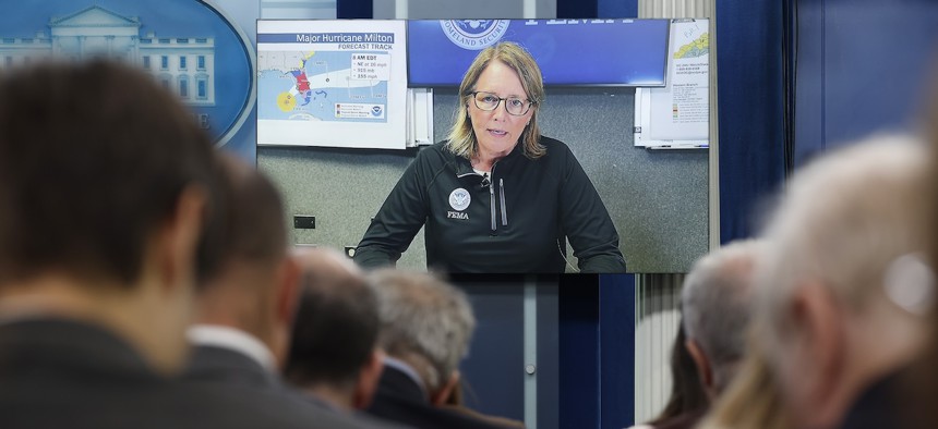 Federal Emergency Management Agency Administrator Deanne Criswell speaks via video during a briefing with White House press secretary Karine Jean-Pierre at the White House on Oct. 9, 2024.