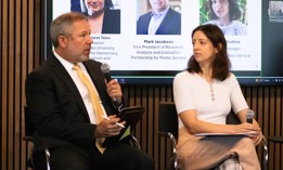 Partnership for Public Service's Mark Jacobson and Nadzeya Shutava discuss findings from their research about young Americans' relationship with the federal government at an event on Thursday. 