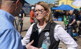 FEMA Administrator Deanne Criswell  during a tour with President Biden of the damage caused by Hurricane Milton on Oct. 13, 2024 in St. Pete Beach, Fla. 