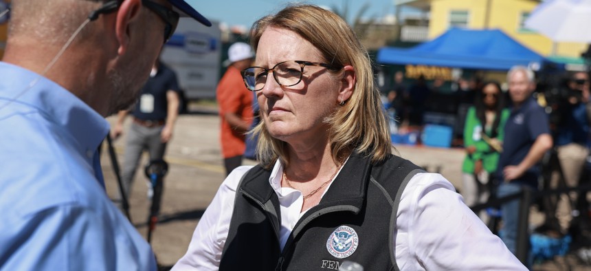 FEMA Administrator Deanne Criswell  during a tour with President Biden of the damage caused by Hurricane Milton on Oct. 13, 2024 in St. Pete Beach, Fla. 