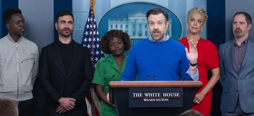 Toheeb Jimoh, Brett Goldstein, White House Press Secretary Karine Jean-Pierre, Hannah Waddingham, and Brendan Hunt look on as Jason Sudeikis speaks during the White House daily briefing on March 20, 2023. The cast of “Ted Lasso” met with President Biden to discuss the importance of addressing mental health to promote overall well-being. 