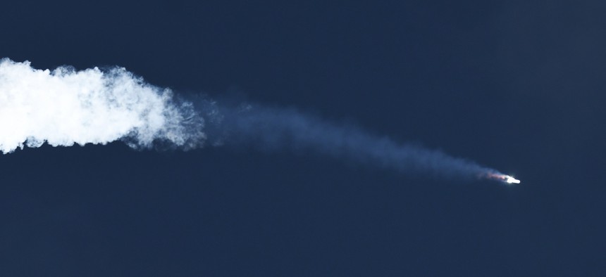 A United Launch Alliance Vulcan Centaur rocket launches from pad 41 at Cape Canaveral Space Force Station at 7:25 a.m. on October 4, 2024, in Cape Canaveral, Florida.