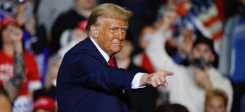 Republican presidential nominee, former President Donald Trump points at a campaign rally at The PPL Center on Oct. 29, 2024 in Allentown, Pennsylvania. 