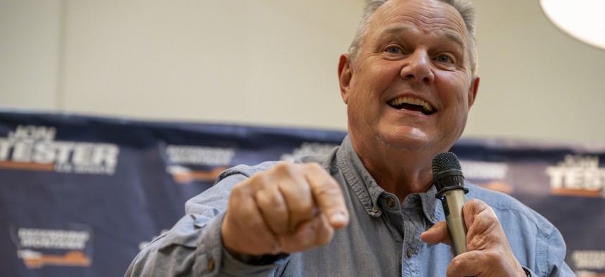 Sen. Jon Tester, D-Mont., speaks at a rally on Sept. 5, 2024 in Bozeman, Montana. The top Democrat on the Senate Veterans’ Affairs Committee and Defense Appropriations Subcommittee is seen as one of the most endangered incumbents in this election. 