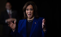 Democratic presidential nominee Vice President Kamala Harris speaks to the press before departing her hotel on Oct. 31, 2024 in Madison, Wisconsin. Harris' campaign commanded 84% of federal employee donations. 