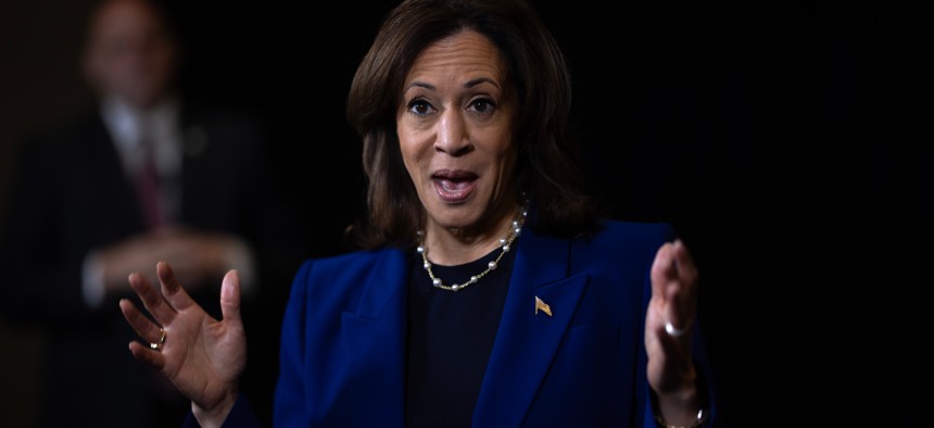 Democratic presidential nominee Vice President Kamala Harris speaks to the press before departing her hotel on Oct. 31, 2024 in Madison, Wisconsin. Harris' campaign commanded 84% of federal employee donations. 