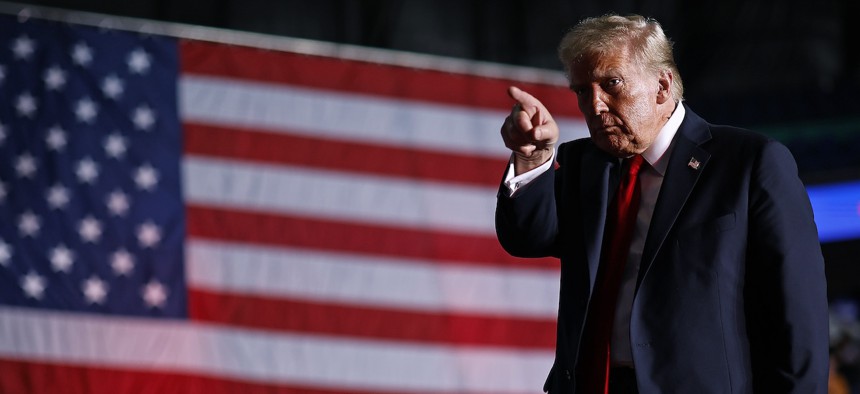 Republican presidential nominee, former President Donald Trump walks off stage at the conclusion of a campaign rally at First Horizon Coliseum on Nov. 2, 2024 in Gastonia, N.C. 