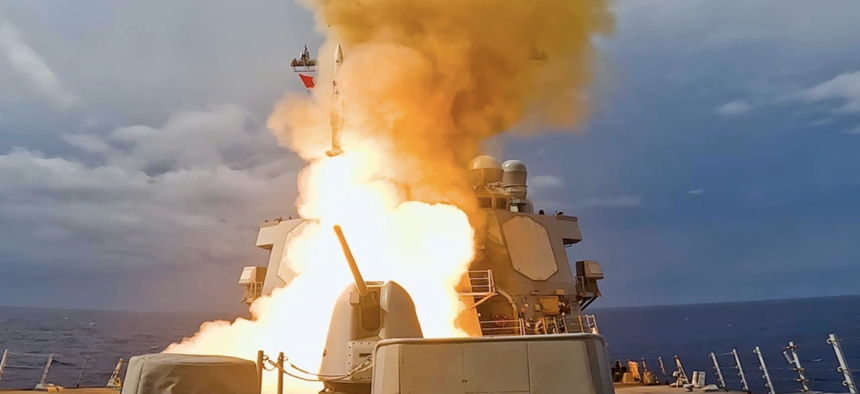  The Arleigh Burke-class guided-missile destroyer USS Higgins (DDG 76) launches a standard missile 2 (SM-2) from the forward vertical launching system while operating in the Philippine Sea, April 5, 2024.