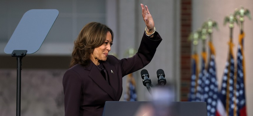 Democratic presidential nominee, Vice President Kamala Harris arrives to speak on stage at Howard University as she concedes the election on Nov. 6, 2024.