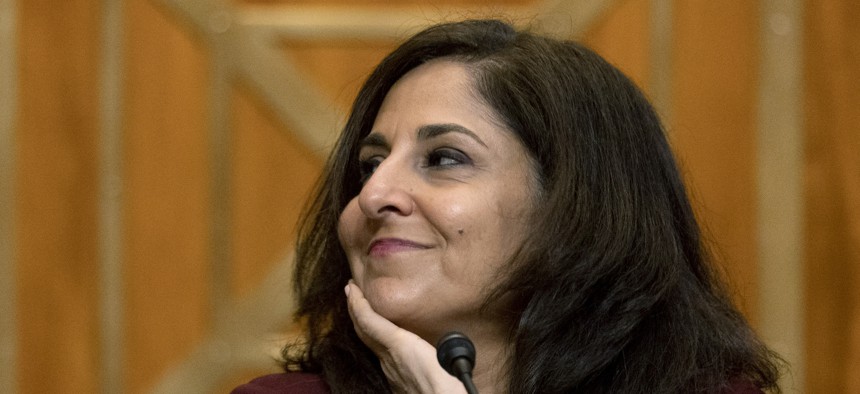 Neera Tanden appears before a Senate committee hearing on Feb. 10, 2021. OSC is alleging that Tanden violated the Hatch Act. 