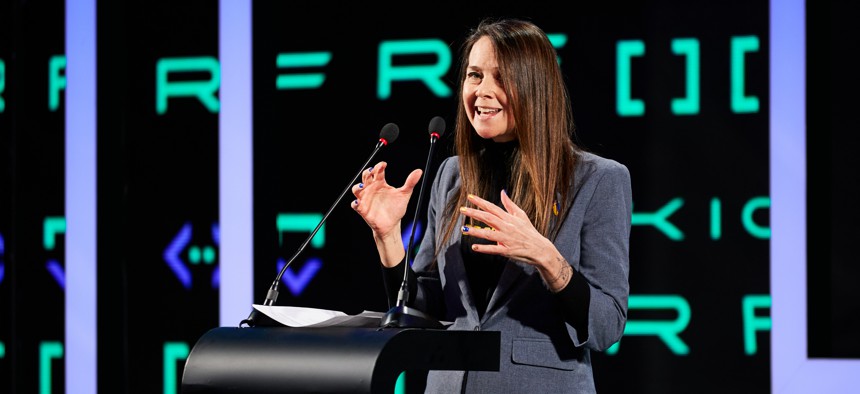 Director of the Cybersecurity and Infrastructure Security Agency Jen Easterly speaks during Kyiv International Cyber Resilience Forum 2024 on Feb. 7, 2024. Easterly will depart as head of the agency on Inauguration Day.