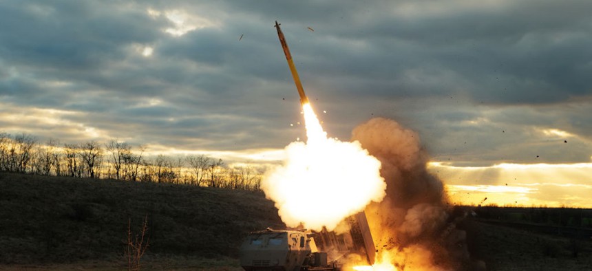 A M142 HIMARS launches a rocket on a Russian position on December 29, 2023, in Ukraine.