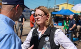 Deanne Criswell, administrator of the Federal Emergency Management Agency, during a tour with President Joe Biden of the damage caused by Hurricane Milton on Oct. 13, 2024 in St Pete Beach, Florida.