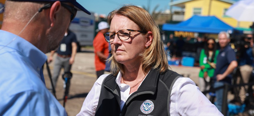 Deanne Criswell, administrator of the Federal Emergency Management Agency, during a tour with President Joe Biden of the damage caused by Hurricane Milton on Oct. 13, 2024 in St Pete Beach, Florida.