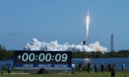 CAPE CANAVERAL, FLORIDA, UNITED STATES - OCTOBER 14: A SpaceX Falcon Heavy rocket carrying the Europa Clipper spacecraft lifts off from pad 39A at the Kennedy Space Center on October 14, 2024 in Cape Canaveral, Florida. The four-year mission will study Europa, one of Jupiter's four largest moons which is believed to have a saltwater ocean beneath its surface, hoping to discover an environment where life could exist beyond Earth