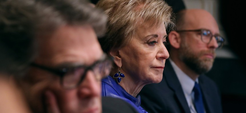  Linda McMahon during a cabinet meeting at the White House on Feb. 12, 2019. McMahon headed the Small Business Administration during Trump's first term. 