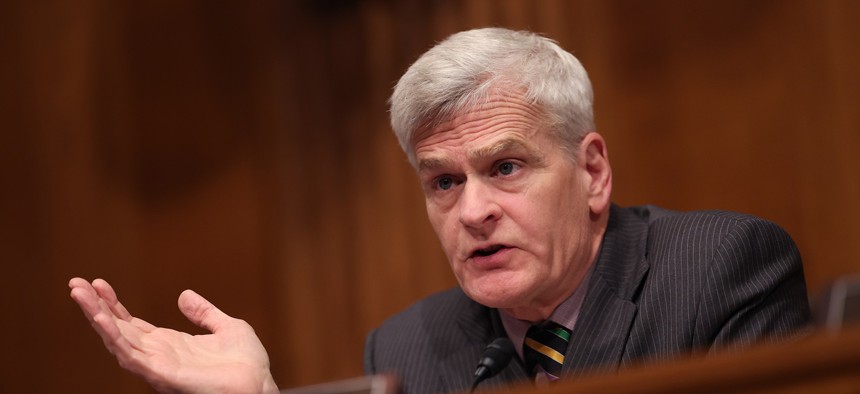 Sen. Bill Cassidy (R-LA), ranking Member on the Senate Health, Education, Labor, and Pensions Committee, participates in a hearing on prescription drugs costs at the Dirksen Senate Office Building on February 08, 2024. Cassidy led introduction of a bill to improve communication between HHS and health care orgs.