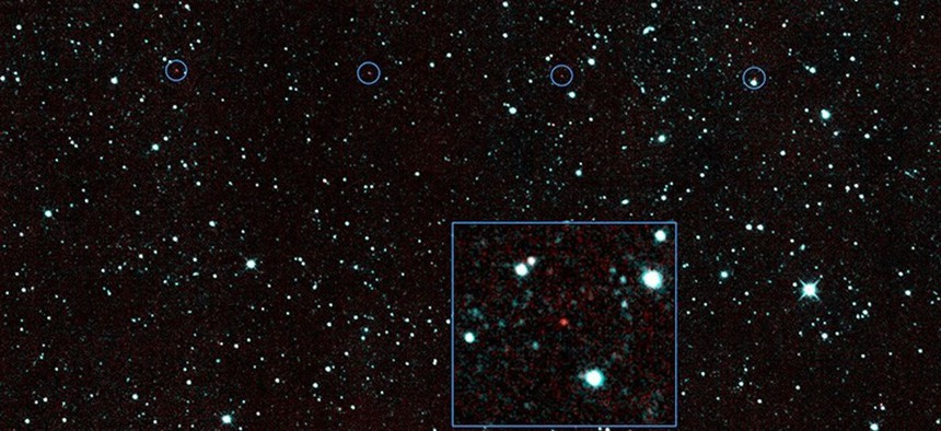 This composite picture shows the movement of the first near-Earth asteroid discovered by NEOWISE (NASA's Near-Earth Object Wide-field Infrared Survey Explorer), after the spacecraft came out of hibernation in December 2013. The red dots show the asteroid 2013 YP139 moving across the sky; the inset shows a zoomed-in view of one of the detections of 2013 YP139. It was discovered by NEOWISE on Dec. 29, 2013