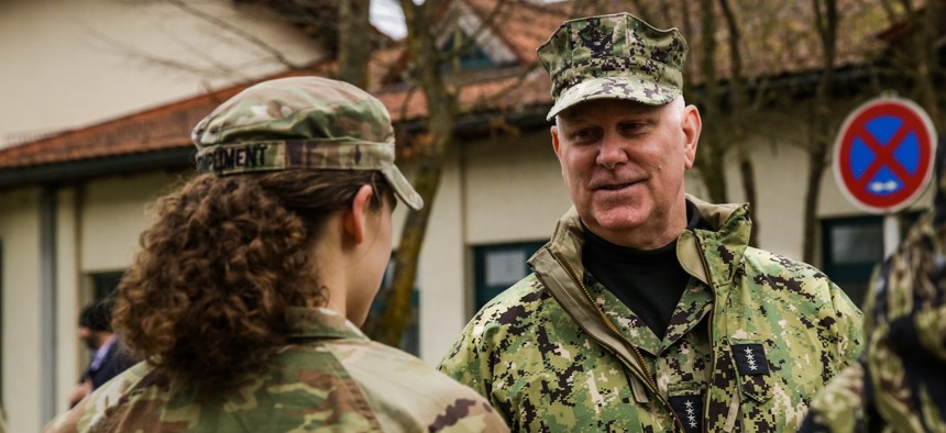 Adm. Christopher Grady, vice chairman of the Joint Chiefs of Staff, speaks to a soldier assigned to the Joint Multinational Readiness Center, Dec. 15, 2023. 