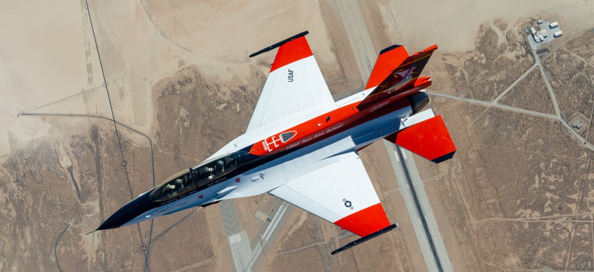 A 2022 photo of the Air Force Test Pilot School's X-62A VISTA jet, an F-16 modified to be flown by artificial intelligence.