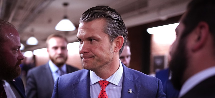 Pete Hegseth, the president-elect's pick to be defense secretary, arrives to meet with lawmakers on Capitol Hill on Dec. 5, 2024.