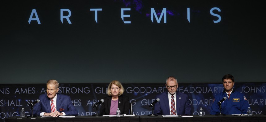 (L to R) NASA Administrator Bill Nelson, NASA Deputy Administrator Pamela Melroy, Jim Free, associate administrator for NASA National Aeronautics and Space Administration and Reid Wiseman, commander of NASA's Artemis II mission to the moon speak during a news conference about the agency's Artemis campaign at the James E. Webb Auditorium at NASA Headquarters in Washington, DC, on December 5, 2024. 