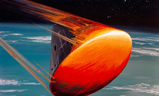 A North American Rockwell Corporation artist's concept depicting the Apollo Command Module (CM), oriented in a blunt-end-forward attitude, re-entering Earth's atmosphere after returning from a lunar landing mission.