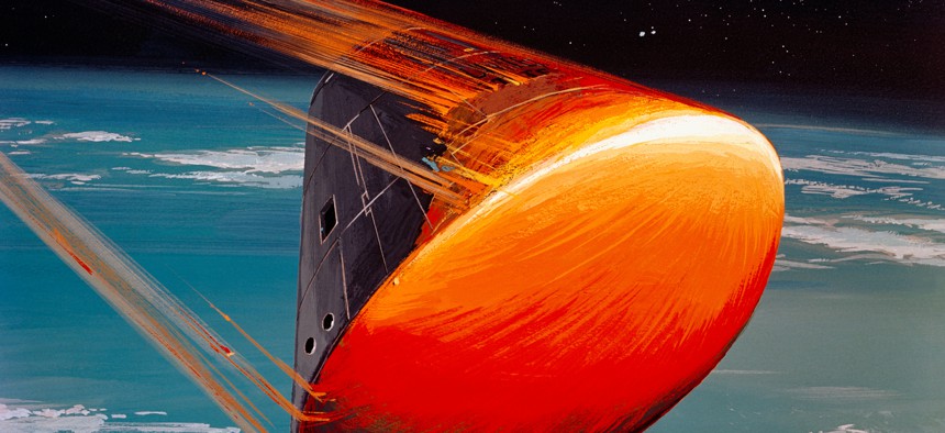 A North American Rockwell Corporation artist's concept depicting the Apollo Command Module (CM), oriented in a blunt-end-forward attitude, re-entering Earth's atmosphere after returning from a lunar landing mission.