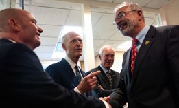 Rep. Andy Harris, R-Md., (right) chair  of the House Freedom Caucus is greeted by (left to right) Sens. Mike Lee, R-Utah, Rick Scott, R-Fla., and Ron Johnson, R-Wis., at the Capitol on Dec. 18, 2024. 