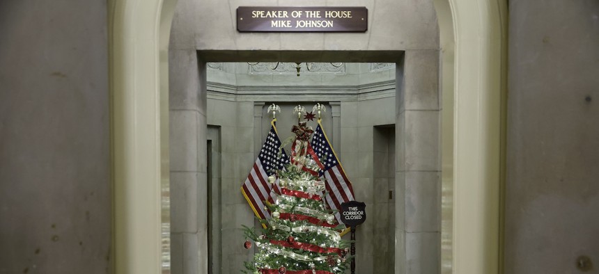 A Christmas tree is seen in the lobby of the office of House Speaker Mike Johnson, R-La., at the U.S. Capitol on Dec. 19, 2024. House Republicans are working to pass a new deal to avert a government shutdown with a continuing budget resolution that is supported by President-elect Donald Trump.